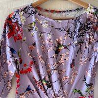 Разкошна нова еластична лилава елегантна ежедневна рокля флорален принт птици птички , снимка 5 - Рокли - 45893100