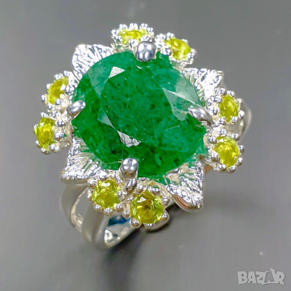 Сребърен пръстен със зелен берил/смарагд размер на камъка 5карата, 14x12мм, тегло на пръстена 8.4гр., снимка 1