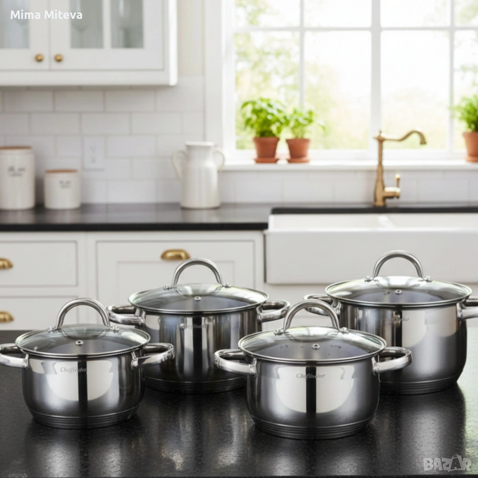 Комплект тенджери Cheffinger – 8 части инокс с капаци, за всички видове котлони, снимка 1