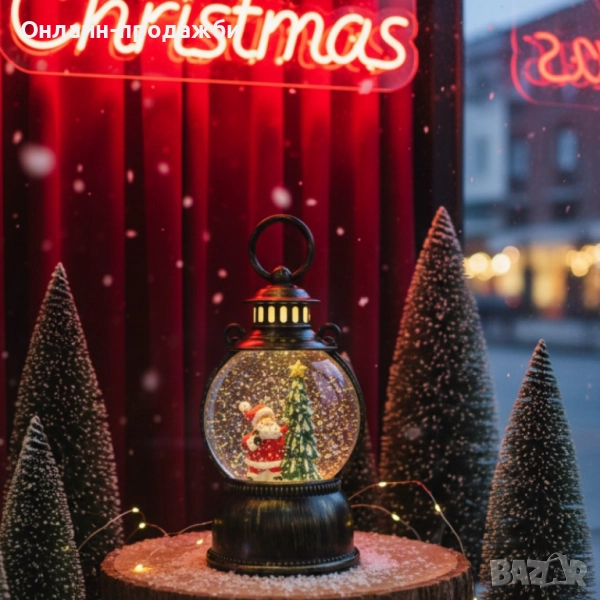 Голям LED коледен фенер с ефект на падащ сняг , снимка 1