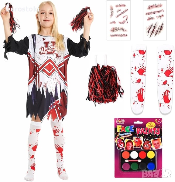 Костюм на ужасяваща зомби мажоретка за момичета, за Хелоуин, костюм на мажоретка за деца с чорапи, снимка 1