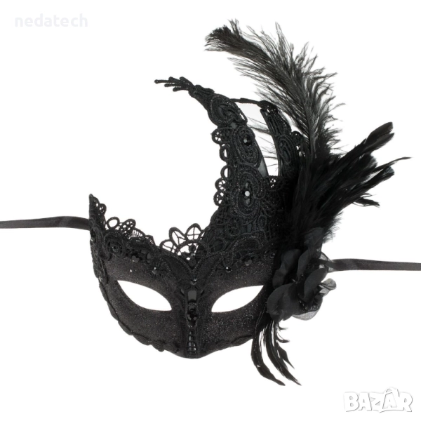 Дамска карнавална маска, черна, с дантела, брокат и пера, снимка 1