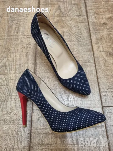 Дамски обувки в синьо на бели точки на висок ток , снимка 2 - Дамски елегантни обувки - 50074201