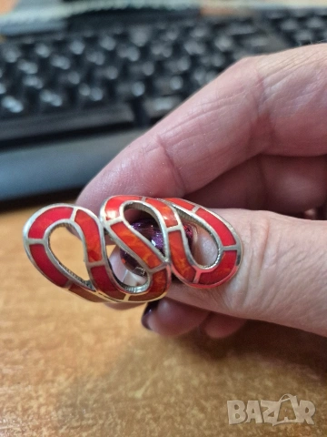 сребърен пръстен с корал, снимка 2 - Пръстени - 53241108