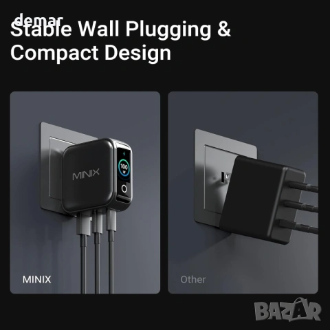 Зарядно устройство MINIX 100W USB C, 3-портово GaN, интелигентен дисплей и сензорно управление, снимка 6 - Друга електроника - 53411423