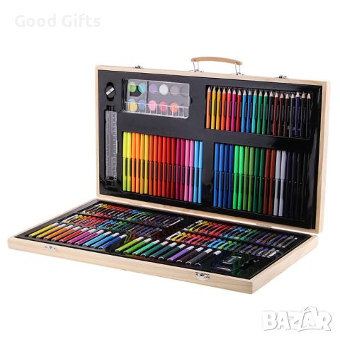 Дървен куфар за рисуване, 180 части, пастели, флумастри, водни боички, моливи, снимка 2 - Рисуване и оцветяване - 46291183