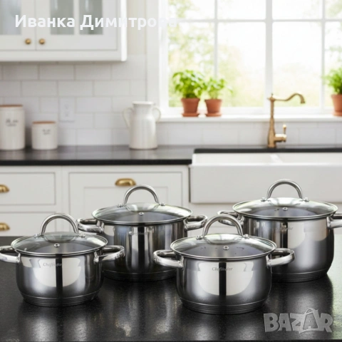 Комплект тенджери Cheffinger – 8 части инокс с капаци, за всички видове котлони, снимка 2 - Съдове за готвене - 53118203