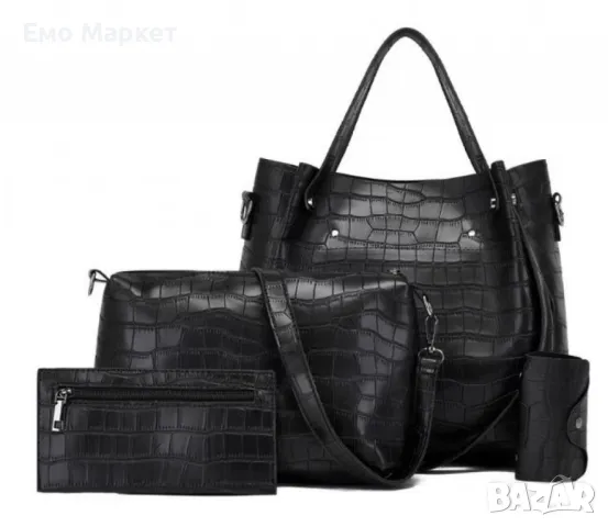 Комплект от дамски чанти в черен цвят, с кроко ефект, снимка 4 - Чанти - 50169615