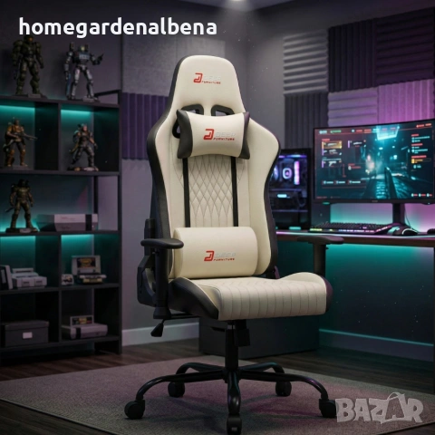 Ергономичен бял геймърски стол с поставка за крака – стил и комфорт в едно!, снимка 3 - Столове - 54046019