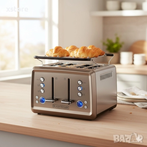 Мощен тостер Black+decker BXTO1960E - Неръждаема стомана с 4 слота, LCD дисплей и стойка за кифли, снимка 2 - Тостери - 52697370