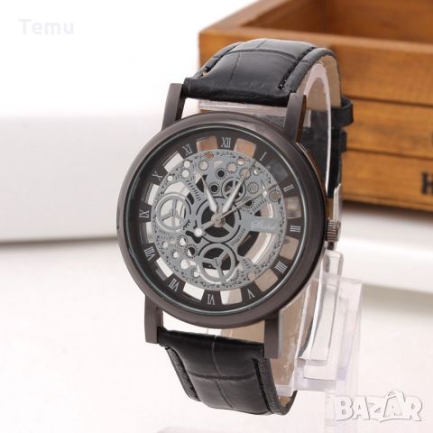 Изискан прозрачен мъжки ръчен часовник с кварцов механизъм и кожена каишка  "черен циферблат, снимка 6 - Мъжки - 45687403