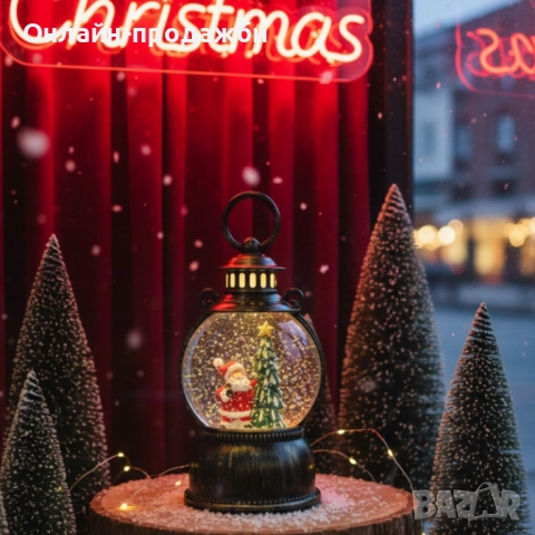 Голям LED коледен фенер с ефект на падащ сняг 
