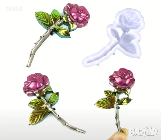 Роза с листа на клонка силиконов молд форма фондан шоколад гипс смола декор, снимка 3 - Форми - 54010782