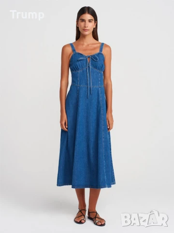 Елегантна Дълга дънкова рокля с плисета на гърдите -, снимка 2 - Рокли - 50523155