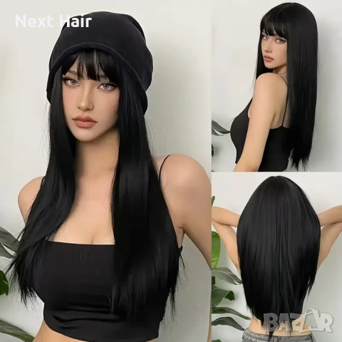 65 см черна права перука с бретон, снимка 6 - Аксесоари за коса - 51985299