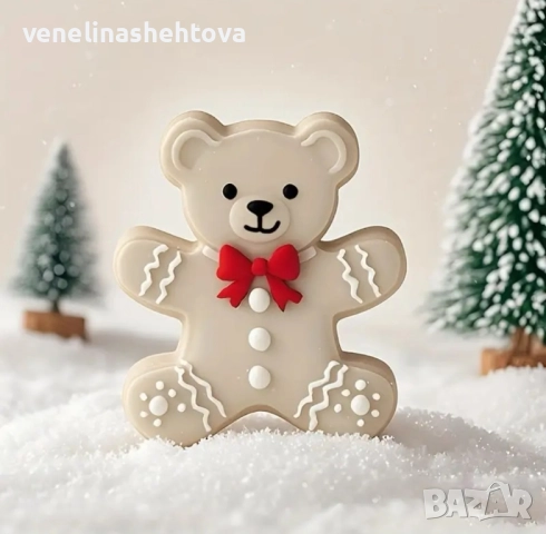 Коледно мече с шапка и шал папионка Дълбок силиконов молд форма за свещи гипс сапун смола фондан , снимка 4 - Форми - 44179983