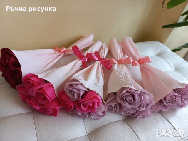 Налични ,изпращам веднага -Букет със пет броя сапунени рози ,цена 5лв, снимка 1 - Изкуствени цветя - 45634132