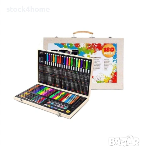 Комплект за рисуване и оцветяване за деца, 180 части, дървена кутия, 12 вида прибори, Ярки цветове