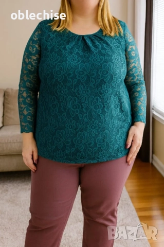 Дантелена дамска блуза в големи размери /петрол/, снимка 2 - Ризи - 39787216
