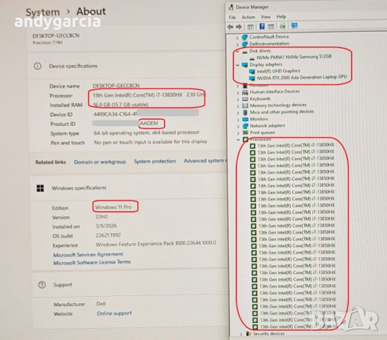 Dell Precision 7780/Core i7-13850HX/RTX Ada 2000 8GB/16GB RAM/512GB SSD/17.3 FHD IPS 100% DCI-P3 , снимка 13 - Лаптопи за работа - 53268474