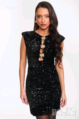 Стилна Черна Дамска Рокля с Пайети 