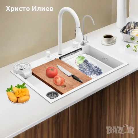 Модерна Кухненска мивка с функция водопад Луксозна Мултифункционална 68 х 46см Бяла, снимка 8 - Мивки - 51196164