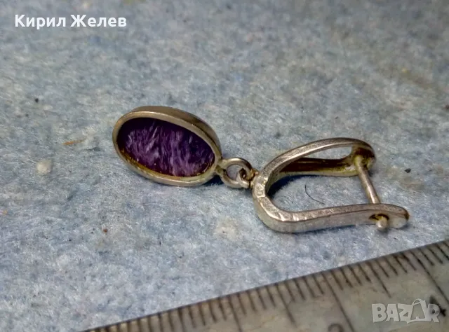 СТАРА ПОСРЕБРЕНА РЕТРО АРТ СТИЛ СКЪПОЦЕННА ОБЕЦА с ШЛИФОВАН АМЕТИСТ 47937, снимка 3 - Обеци - 49001779