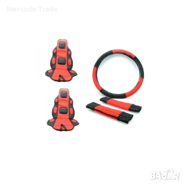 Тапицерия за кола Mercado Trade, Mасажори за седалка, Калъф за волан, Протектори за колан, Червен , снимка 1
