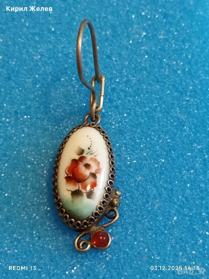 Старинна мраморна сребърна обица с червен рубин разкошна 52382, снимка 1