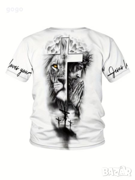Стилна мъжка елегантна тениска с къс ръкав, шарка на кръст и лъв, снимка 1