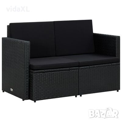 vidaXL 2-местен градински диван с възглавници, черен, полиратан, снимка 1