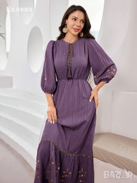 Лилава рокля с дълъг ръкав и цветни бродерии, снимка 1