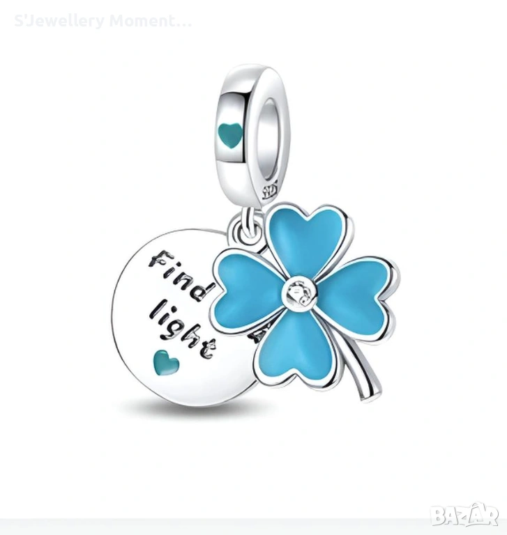 Сребърен талисман за гривни Пандора 925 четирилистна детелина, снимка 1