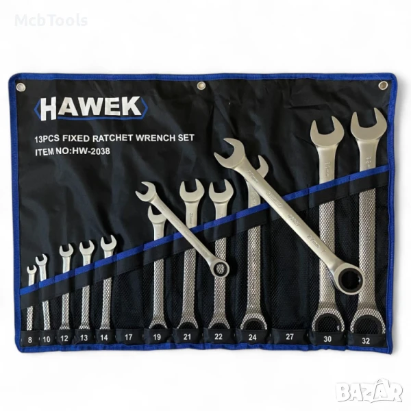 Комплект звездогаечни тресчотни ключове 8 – 32 мм 13 части Hawek, снимка 1