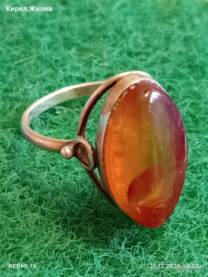 Винтидж сребърен пръстен с ювелирно фасетиран КЕХЛИБАР майсторска изработка 52465, снимка 1