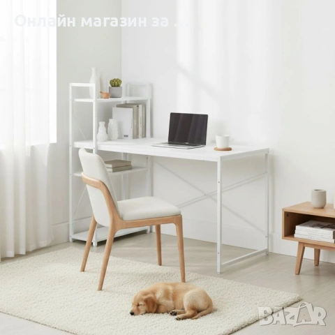 Компютърно бюро ModernHome, дървено, с рафтове за съхранение, бял, подсилена метална конструкция