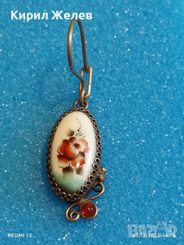 Старинна мраморна сребърна обица с червен рубин разкошна 52382