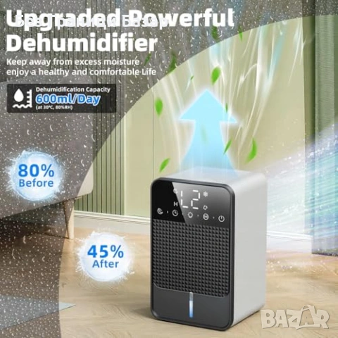 Нов Преносим влагоуловител 1.8L за баня и спалня 600ml/24H LED светлина, снимка 2 - Други стоки за дома - 53131877