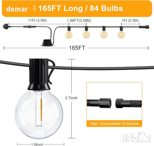 Външни стрингови лампи Torkase, 50 метра, G40 LED 84+4 крушки, снимка 2 - Външни лампи - 46260937