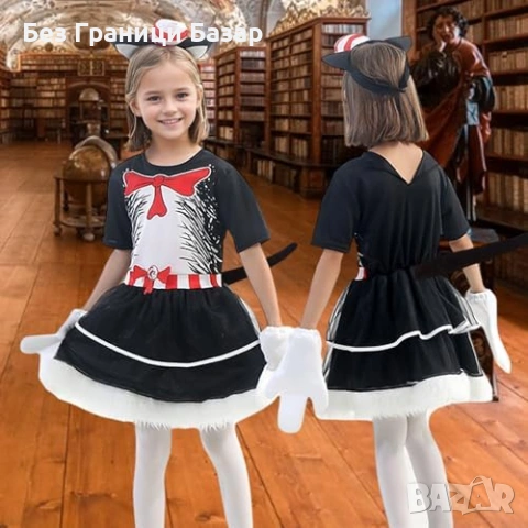 Нов Детски костюм черно коте рокля ушички опашка Хелоуин размер Л, снимка 6 - Други - 53838535