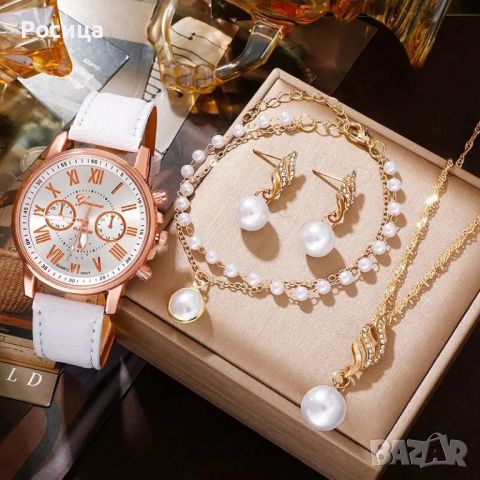 Комплект дамски часовник в бяло с гривна, колие и обеци., снимка 2 - Дамски - 45620675