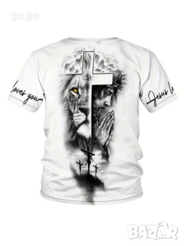 Стилна мъжка елегантна тениска с къс ръкав, шарка на кръст и лъв, снимка 2 - Тениски - 45797125