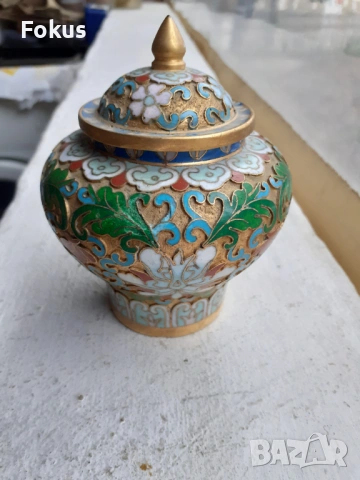 Клоазоне cloisonne клетъчен емайл бронз ваза бурканче, снимка 2 - Антикварни и старинни предмети - 53335696