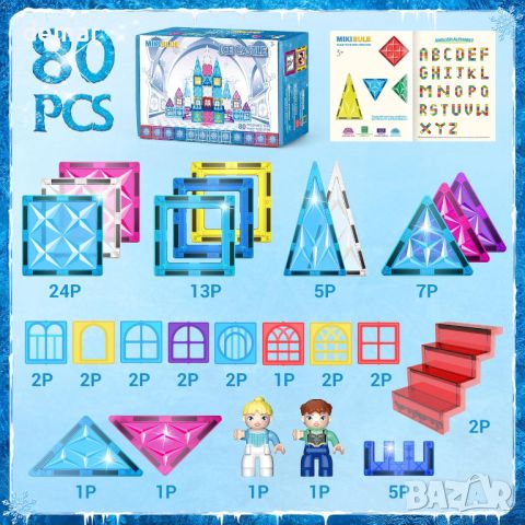 MIKIBLUE Строителен комплект магнитни блокчета за деца (80 части), снимка 6 - Образователни игри - 46431934