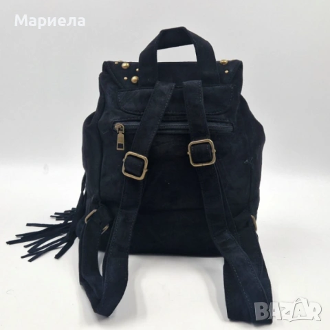 Велурена дамска раница с ресни и метални нитове – бохо стил и практичност, снимка 2 - Раници - 53342719