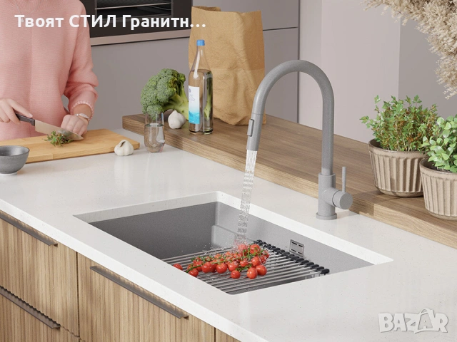 Сива кухненска мивка за вграждане под плот Прага 80 Level 760 x 470 мм, снимка 5 - Мивки - 53994865