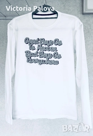 Ефектна бяла блуза с 3D релефна бродерия - "Good Boys Go To Heaven", снимка 9 - Блузи с дълъг ръкав и пуловери - 54189359