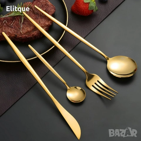 Комплект прибори за хранене в златист цвят от 24 части с луксозен дизайн и магнитна кутия, снимка 2 - Прибори за хранене, готвене и сервиране - 53201158