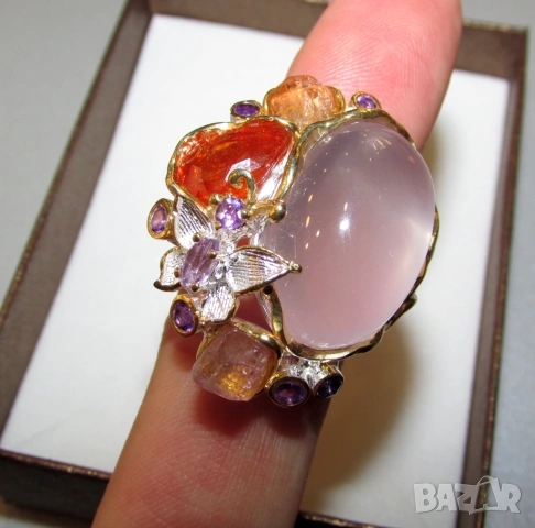 925 Сребърен пръстен с розав кварц 32 карата интересен, снимка 6 - Пръстени - 54053707