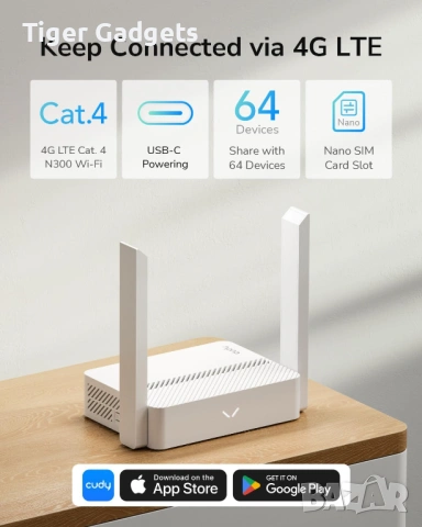 Cudy LT300 N300 4G LTE WiFi рутер Cat4 SIM карта, снимка 3 - Рутери - 54136053